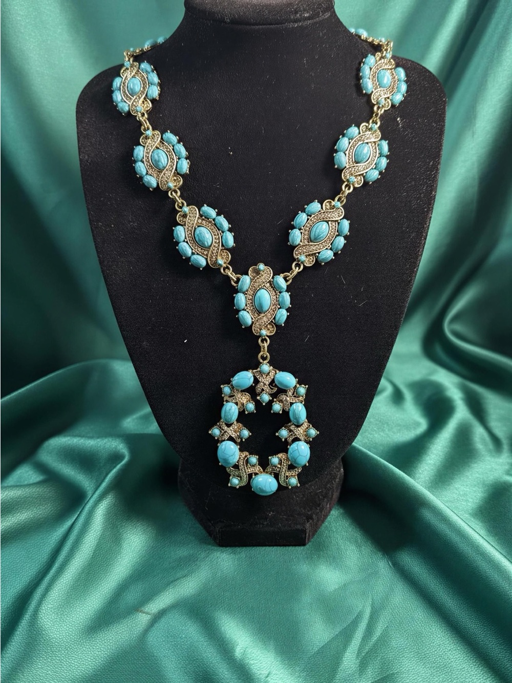 Fashion Jewelry Turquoise and Gold Statement Necklace with Matching Earrings - Picture 2 of 3